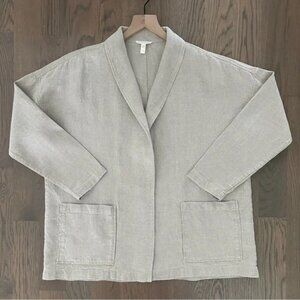 Eileen Fisher 100% Linen Heavyweight Shawl Collar Open Jacket Natural Tan Small